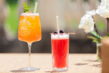 Deux cocktails colorés garnis d'une paille, l'une dans un verre à pied et l'autre dans un verre droit plus petit. Deux cocktails colorés garnis d'une paille, l'une dans un verre à pied et l'autre dans un verre droit plus petit.